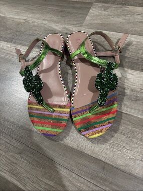 Betsey Johnson Green Beaded Cactus T-Strap Sandals with Multicolor Stripes